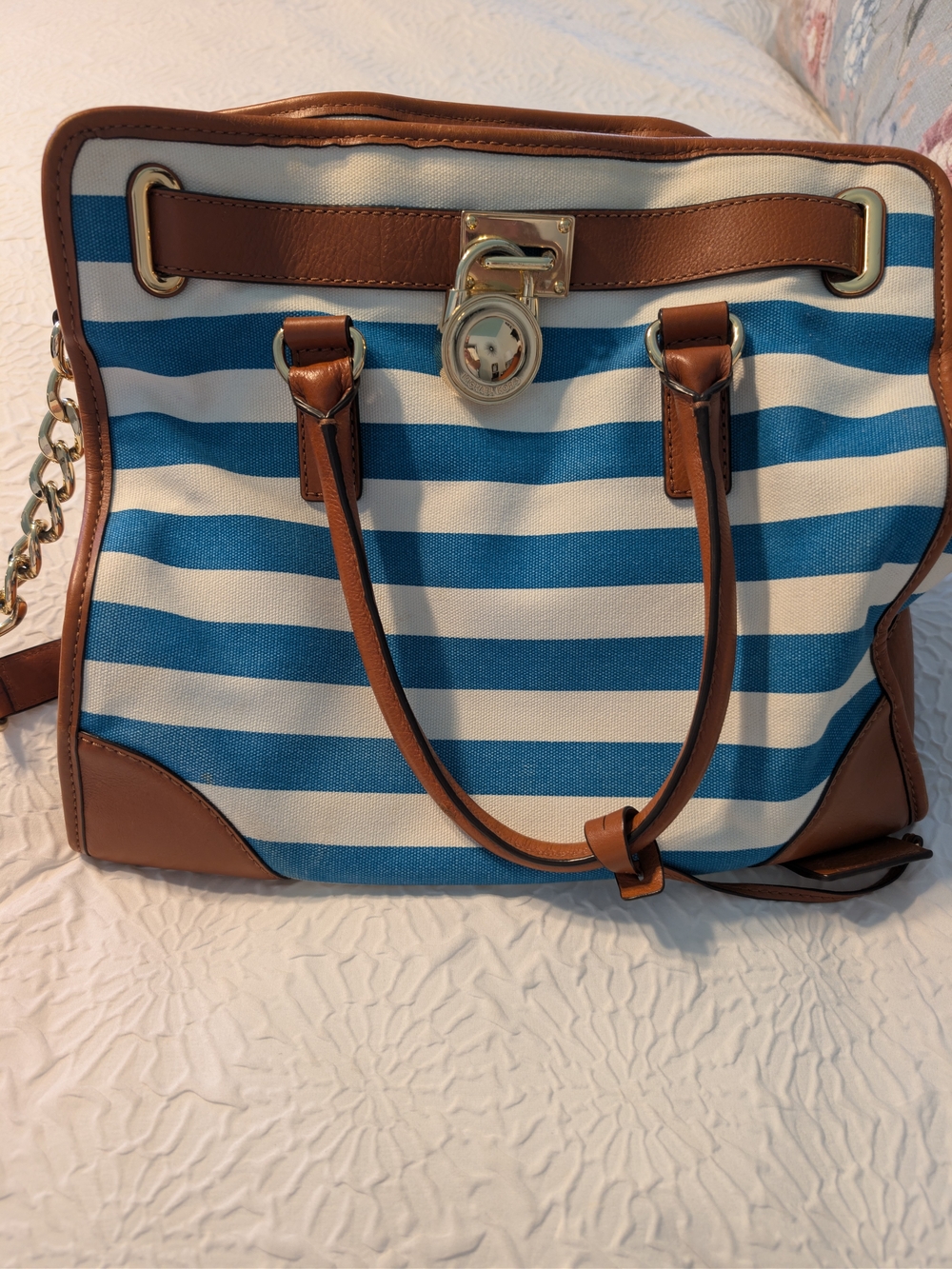 Vintage Michael Kors Hamilton Striped Canvas Tote Bag Blue/White